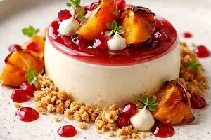 Modern white chocolate mousse with pomegranate gel, caramelized persimmon, and crunchy crumble