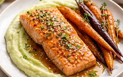 Quick Salmon in Citrus-Honey Glaze with Celery Puree and Caramelized Carrots