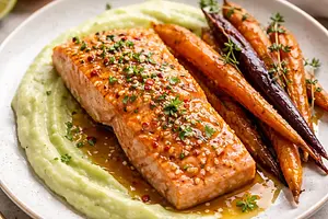 Quick Salmon in Citrus-Honey Glaze with Celery Puree and Caramelized Carrots