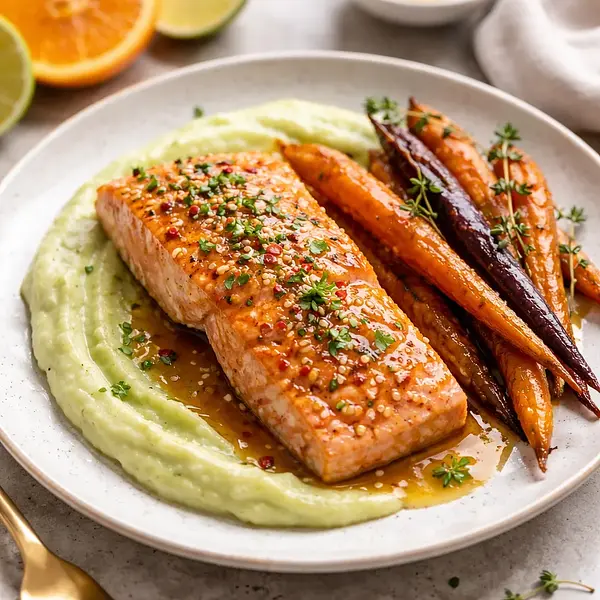 Szybki łosoś w cytrusowo-miodowej glazurze z puree z selera i karmelizowaną marchwią