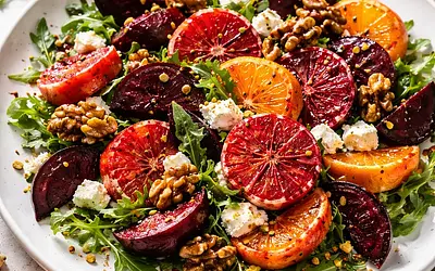 Winter salad with roasted beets, blood oranges, goat cheese, and caramelized nuts