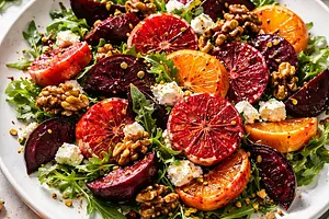 Winter salad with roasted beets, blood oranges, goat cheese, and caramelized nuts