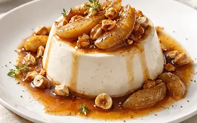 Elegant vanilla panna cotta with wine-spiced pears, caramelized hazelnuts, and buttery crumble