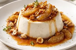 Elegant vanilla panna cotta with wine-spiced pears, caramelized hazelnuts, and buttery crumble