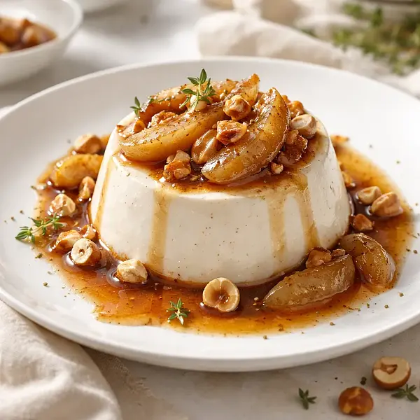 Elegancka panna cotta waniliowa z winno‑korzennymi gruszkami, karmelizowanymi orzechami laskowymi i maślaną kruszonką