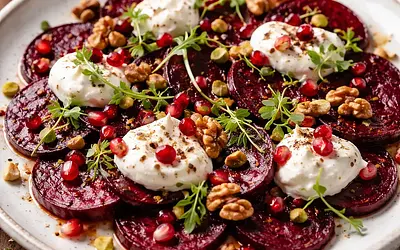 Carpaccio z buraka z kremem z koziego sera, granatem i prażonymi orzechami