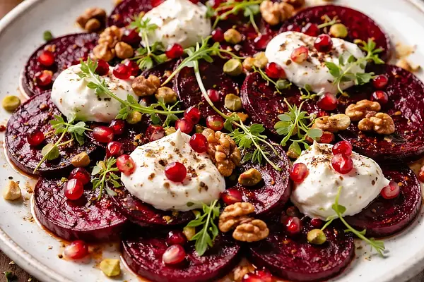 Carpaccio z buraka z kremem z koziego sera, granatem i prażonymi orzechami