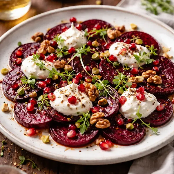Carpaccio z buraka z kremem z koziego sera, granatem i prażonymi orzechami