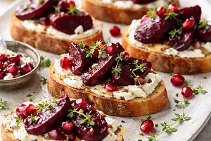 Elegant crostini with roasted beets, goat cheese, and pomegranate