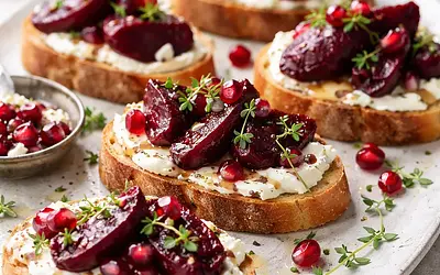 Elegant crostini with roasted beets, goat cheese, and pomegranate