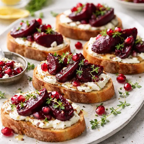 Eleganckie crostini z pieczonymi burakami, kozim serem i granatem