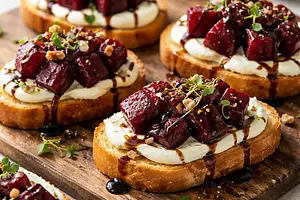 Crostini with roasted beets, goat cheese cream, and balsamic glaze