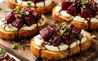 Crostini with roasted beets, goat cheese cream, and balsamic glaze
