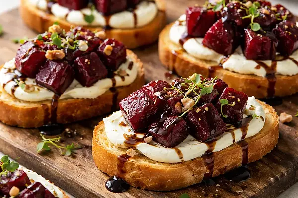 Crostini z pieczonymi burakami, kremem z koziego sera i glazurą balsamiczną