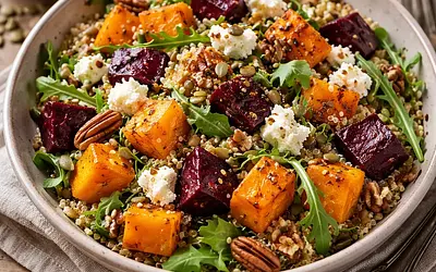Warm winter salad with roasted pumpkin, beetroot, quinoa, and goat cheese