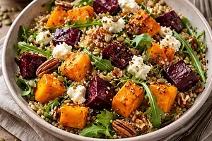 Warm winter salad with roasted pumpkin, beetroot, quinoa, and goat cheese