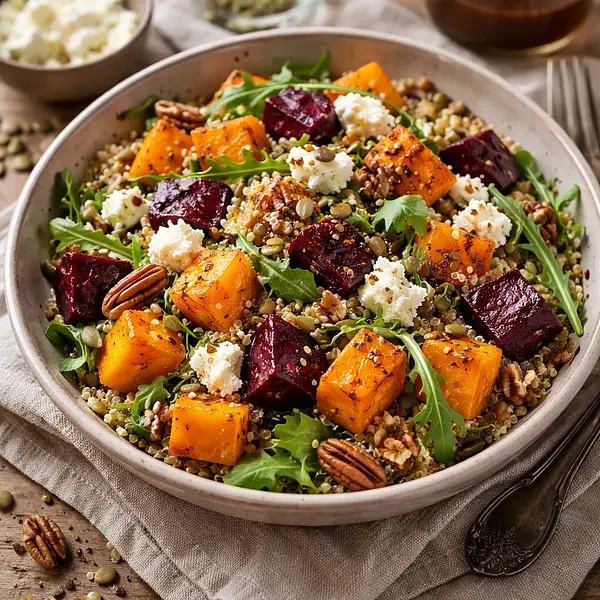 Ciepła sałatka zimowa z pieczoną dynią, burakiem, komosą i kozim serem