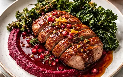 Duck breast in orange-pomegranate glaze with roasted beetroot purée and kale chips