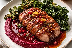 Duck breast in orange-pomegranate glaze with roasted beetroot purée and kale chips