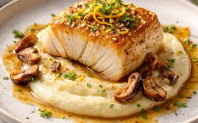 Polędwica z dorsza w miso‑cytrusowej glazurze z purée z selera i prażonymi kasztanami, chipsami z buraka i sosem ponzu z granatem