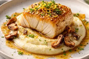 Polędwica z dorsza w miso‑cytrusowej glazurze z purée z selera i prażonymi kasztanami, chipsami z buraka i sosem ponzu z granatem