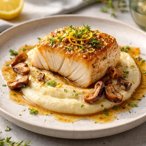 Polędwica z dorsza w miso‑cytrusowej glazurze z purée z selera i prażonymi kasztanami, chipsami z buraka i sosem ponzu z granatem