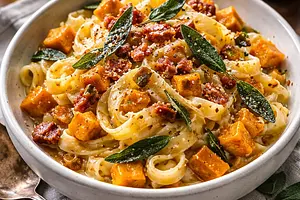 Tagliatelle z pieczoną dynią, szałwią, mascarpone i chrupiącą pancettą (comfort food)