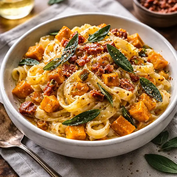 Tagliatelle z pieczoną dynią, szałwią, mascarpone i chrupiącą pancettą (comfort food)