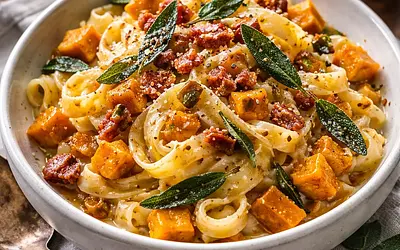 Tagliatelle z pieczoną dynią, szałwią, mascarpone i chrupiącą pancettą (comfort food)