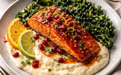 Quick salmon with citrus-pomegranate glaze, creamy cauliflower puree, and kale