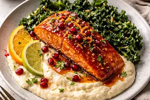 Quick salmon with citrus-pomegranate glaze, creamy cauliflower puree, and kale