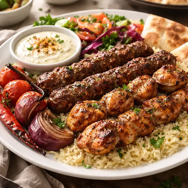 Kebab mieszany (kurczak + baranina) z sosem czosnkowym