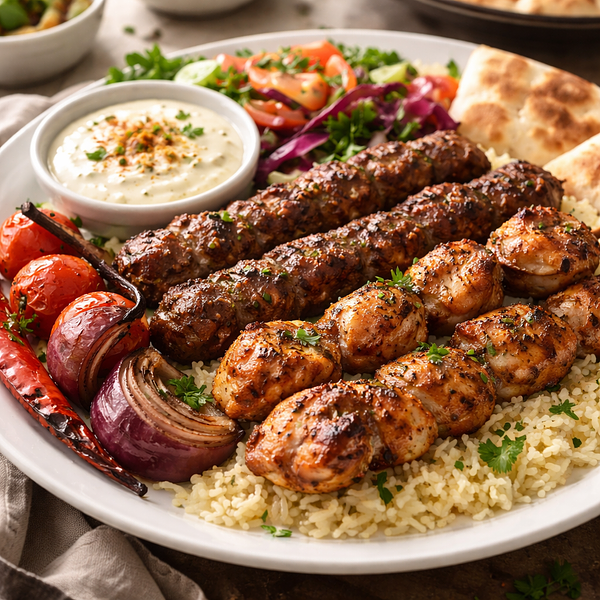 Kebab mieszany (kurczak + baranina) z sosem czosnkowym