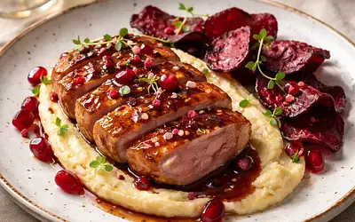 Duck breasts with pomegranate glaze, celery puree, and beet chips