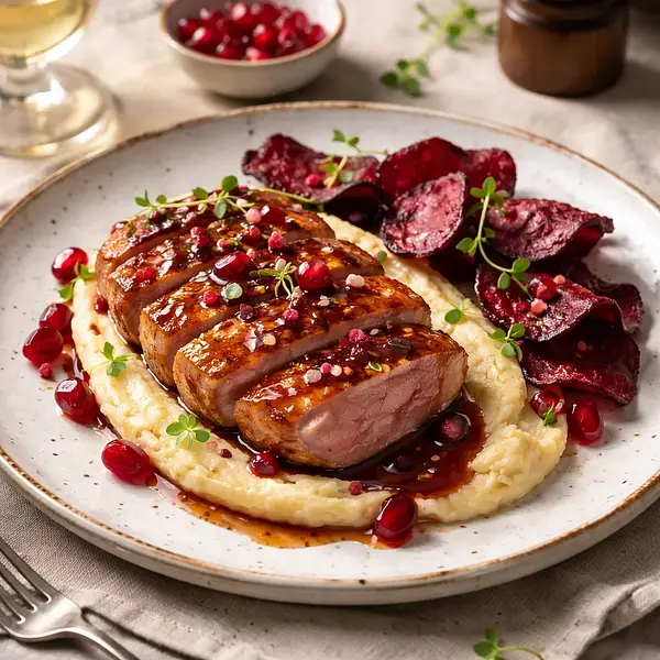 Piersi z kaczki z glazurą z granatu, puree z selera i chipsami z buraka