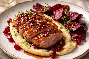 Duck breasts with pomegranate glaze, celery puree, and beet chips