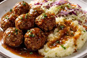 Minced meat patties with potatoes and white cabbage salad