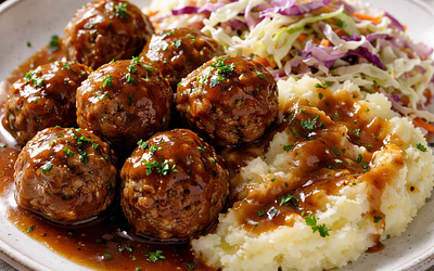 Minced meat patties with potatoes and white cabbage salad