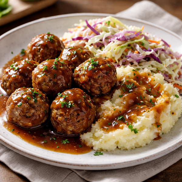 Kotlety mielone z ziemniaczkami i surówką z białej kapusty