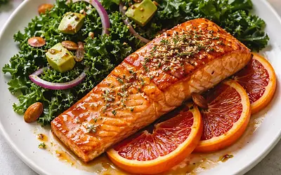 Quick Salmon with Blood Orange Glaze, Kale Salad, and Toasted Nuts