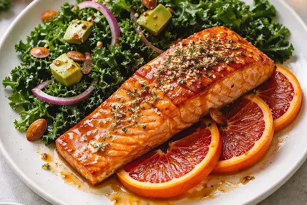 Szybki łosoś w glazurze z czerwonej pomarańczy z sałatką z jarmużu i prażonymi orzechami