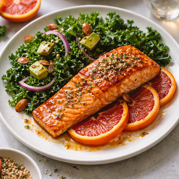 Szybki łosoś w glazurze z czerwonej pomarańczy z sałatką z jarmużu i prażonymi orzechami