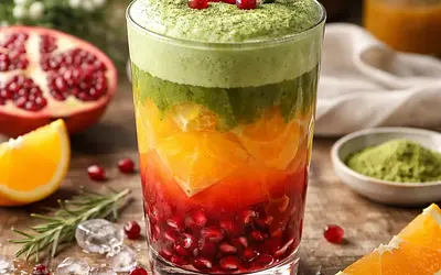 Zimowy napój warstwowy: granat, pomarańcza i zielona pianka matcha (wersja a47a8ca5)
