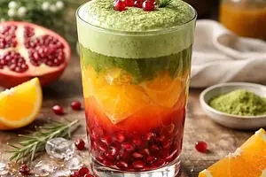 Zimowy napój warstwowy: granat, pomarańcza i zielona pianka matcha (wersja a47a8ca5)