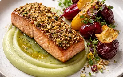 Modern salmon with a nut crust, celery and apple purée, and glazed beets with kale chips