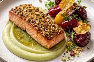Modern salmon with a nut crust, celery and apple purée, and glazed beets with kale chips