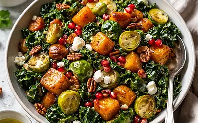 Winter salad with roasted pumpkin, Brussels sprouts, kale, and pomegranate (vegetarian)