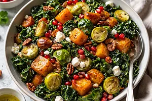 Winter salad with roasted pumpkin, Brussels sprouts, kale, and pomegranate (vegetarian)
