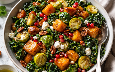 Winter salad with roasted pumpkin, Brussels sprouts, kale, and pomegranate (vegetarian)