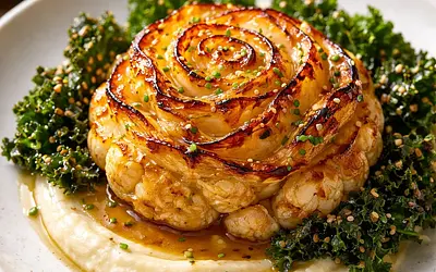 Roasted Cauliflower Rose in Miso-Citrus Glaze with Celery Purée and Kale Chips